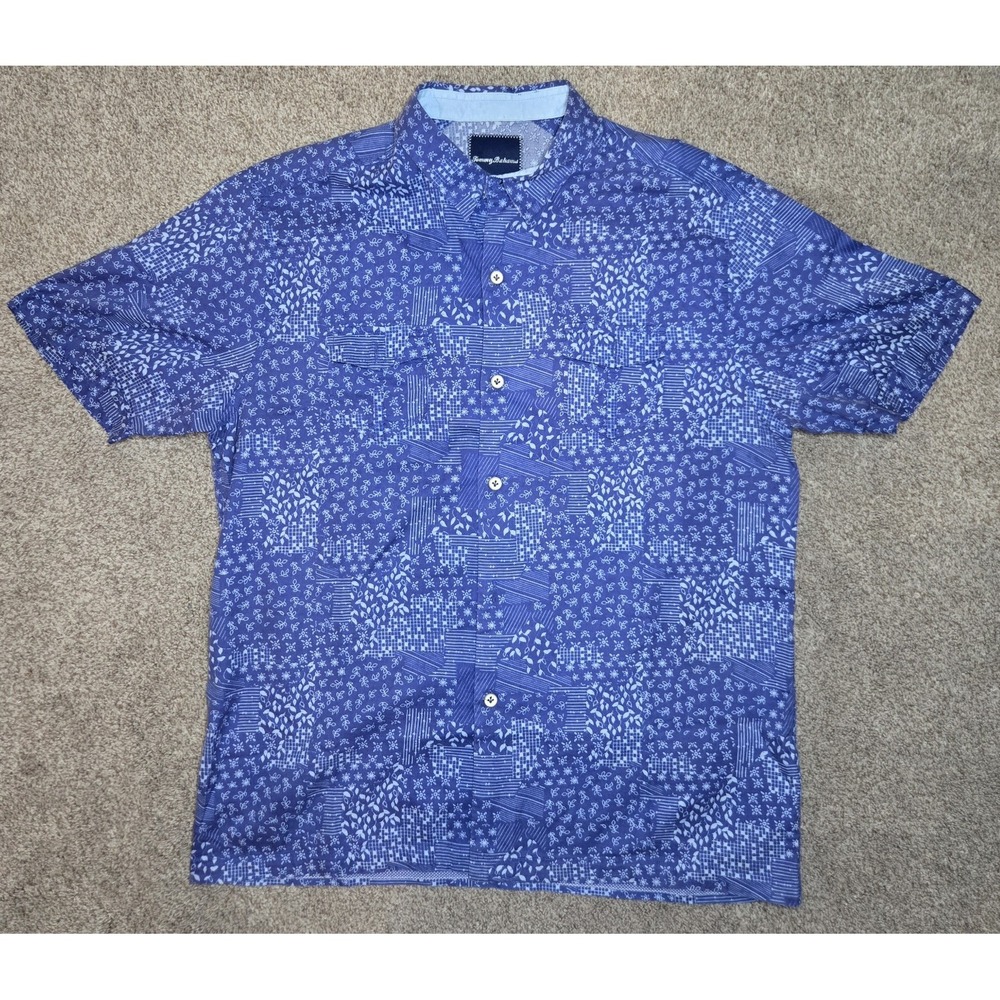 Tommy Bahama Men's Blue Geometric Woven Short Sleeve Button-Up Shirt Pockets M - Picture 1 of 7